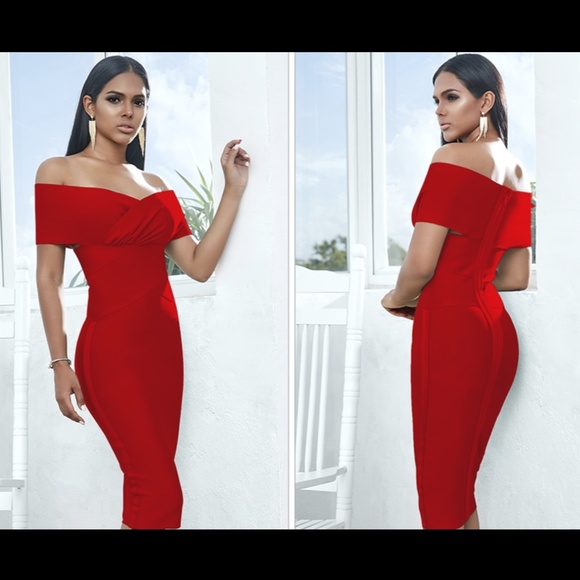 NEW! RED BARDOT BANDAGE DRESS OFF THE SHOULDER - Picture 3 of 5
